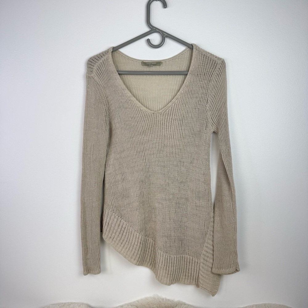 Joan Vass Studio Womens Tan Cotton Blend Asymmetrical Hem V-Neck‎ Sweater Small